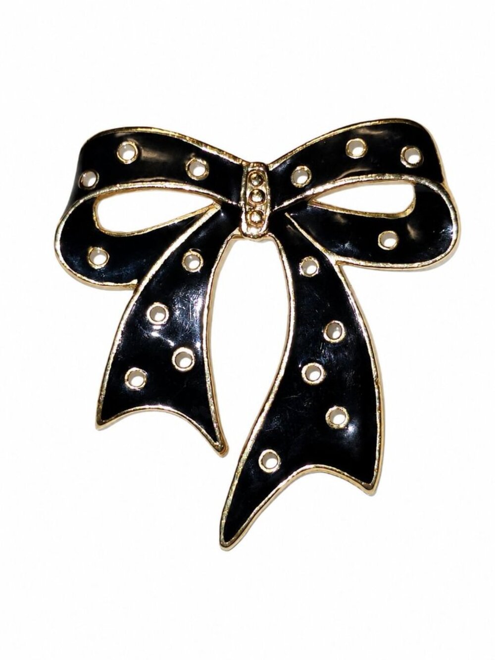 Vintage Y2K K&M Preppy Enamel Polka Dot Black White Big Bow Gold Trim